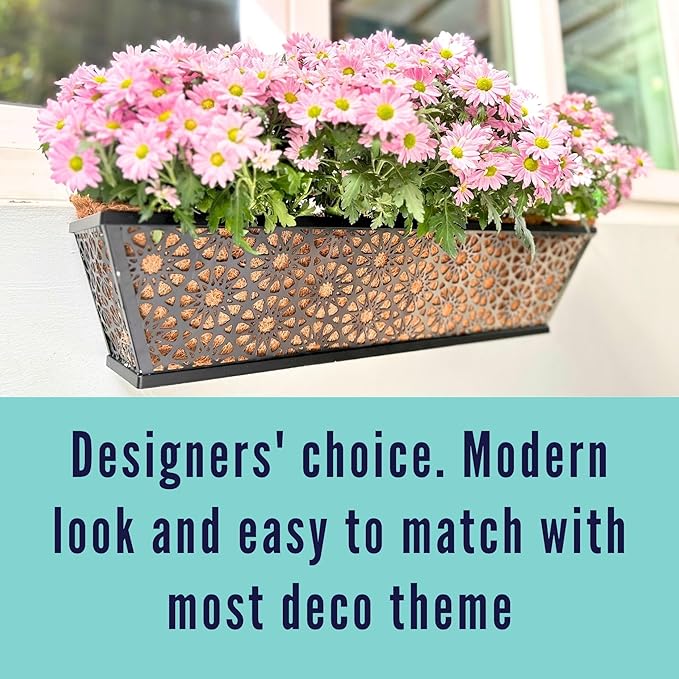 LaLaGreen Window Boxes Planters for Outdoor Plants (24 Inch, 2 Pack) Large Fence Hanging Planter Metal Deck Railing Flower Box with Coco Liner, Trendy Horse Troughs Balcony Pots Patio Porch Over Rail