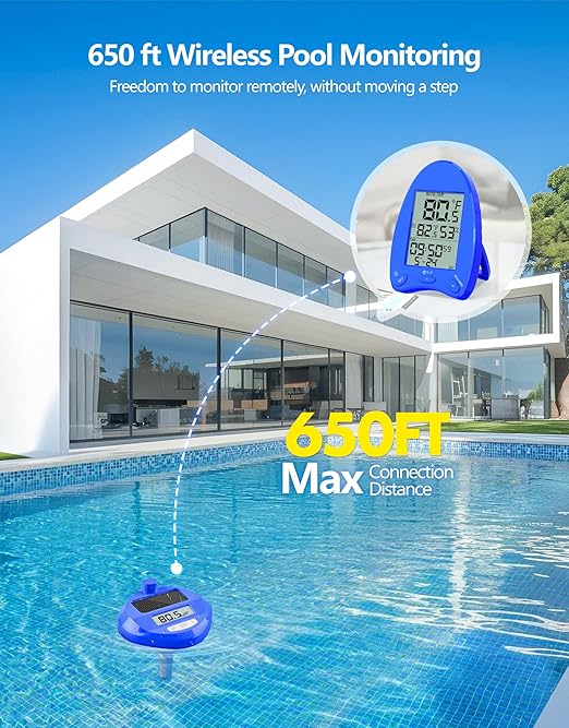 LuxBlue 2026 Solar Pool Thermometer Wireless - 650FT Transmission | Pool Temperature Thermometer with Light Show | Dual Backlit Display for Easy Read | Floating Water Temperature Gauge for Hot Tub,Spa