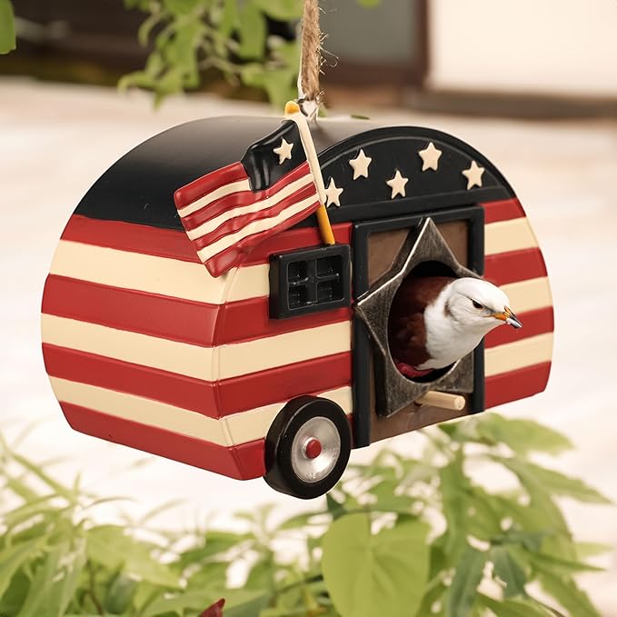 Hanging Bird House for Outside, Hand-Painted American Flag Cute Birdhouse for Garden Decorative Houses for Bluebird Finch Cardinals, Best Gift for Birdman Family Friend