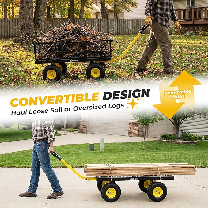 Sekey 1000lbs Heavy Duty Steel Garden Cart for Yard & Farm, Utility Wagon with Removable Sides (Convert to Flatbed), 10" Rubber Tires, Black