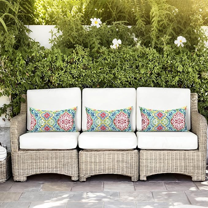 LVTXIII Set of 2 Patio Lumbar Pillows, 12" x 20" Fade Resistant Outdoor Lumbar Pillow with Inners, Fluffy Decorative Garden Lumbar Cushions for Home Patio Coach Sofa Use, Damask Red