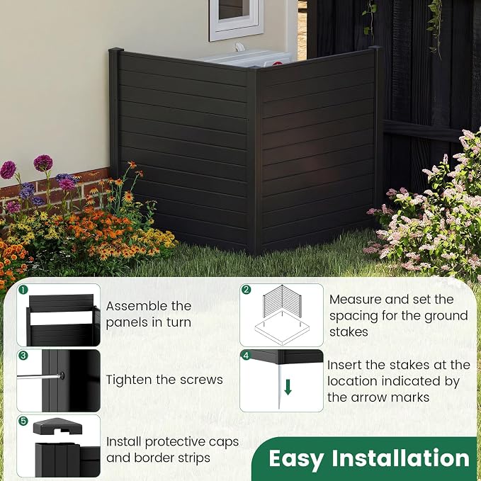 HAPPYGRILL Air Conditioner Fence, 4 Panels Outdoor Privacy Fence Screen w/6 Stakes, 48”W x 48”H PP Pool Equipment Enclosure Trash Can Screen, Decorative Garden Fences for AC Unit Patio Lawn, Black