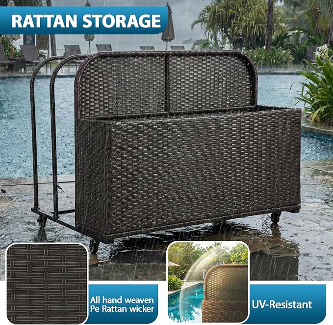 FDW Pool Float Storage Poolside Storage Bin Holder Storage Rack with Wheels PE Rattan Basket Open Compartments for Floaties Noodles Life Vests Beach Balls Equipment Cushions Patio furniture