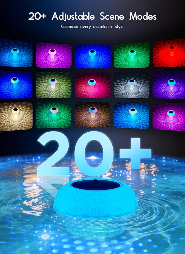 2 in 1 Floating-Pool-Lights-Solar-Powered with Chlorine-Floater, RGBWW-Solar-Pool-Light-Chlorine-Dispenser with 20+ Light Effects, Remote Control, IP68 Waterproof Light for Pools, Hot Tubs, Parties
