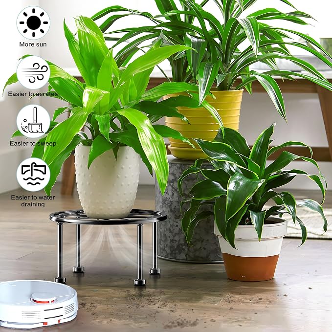 Garden Gifts Plant Lovers Gifts Black Metal Plant Stand with Anti-Slip Base Rustproof Heavy Duty Decorative Round Flower Stand Display Shelf for Indoor/Outdoor (Diameter: 9in Height: 4.8in)
