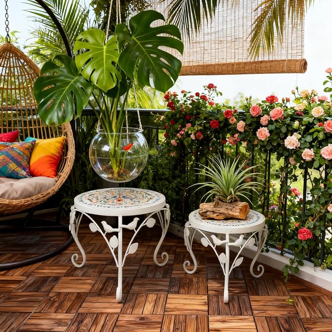 Rustic Metal Plant Stand Set of 2 Indoor & Outdoor Round Ceramic Top Mosaic Planter Pot Stand Low Heavy Duty Flower Holder Rack for Garden Patio Living Room Farmhouse Accessory Decor Gift White Flower Bird