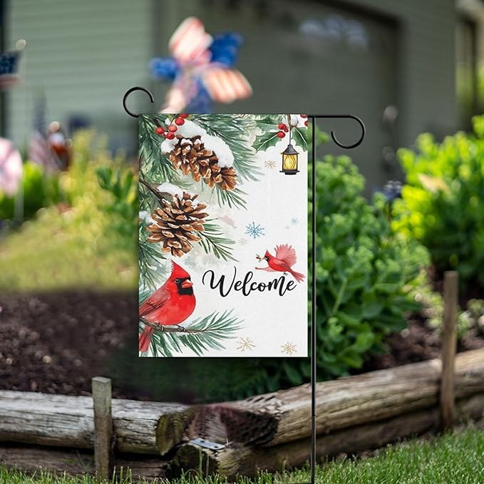 Welcome Winter Cardinal Birds House Flag 28x40 Inch Double Sided Outside Christmas Poinsettia Snowflake Xmas Seasonal Yard Outdoor Flag Banner for Garden Lawn Patio Holiday Decorations