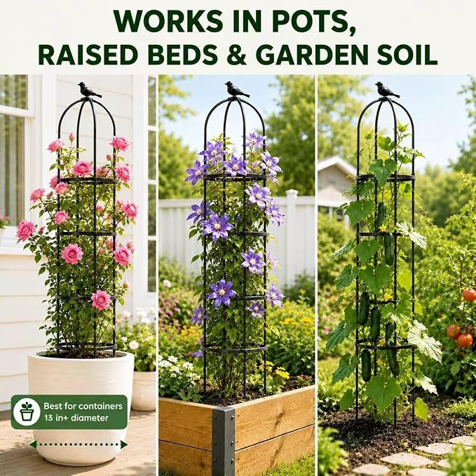 Garden Obelisk Trellis for Climbing Plants Outdoor, 6 ft Tall Trellis for Roses Clematis Jasmine Ivy Flower Light Climbing Vines Potted Plant Support, Patio, Yard, Black, 2PCS