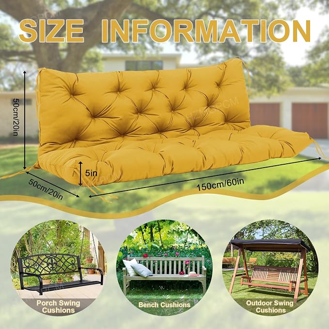 Premium 5"Thick Waterproof Outdoor Swing Cushions Sturdy Durable 2-3 Seat Replacement Porch Swing Cushions with Backrest&Ties Bench Cushion for Outdoor Furniture Backyard Patio(Yellow60x40in)