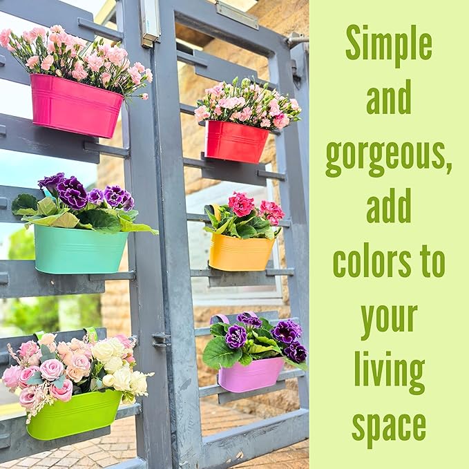 LaLaGreen Rail Planter (17 Inch, 6 Pack) Colorful Outdoor Hanging Flower Metal Planters Railing Fence Balcony Gardening for Apartment Patio Modern Garden Style Iron Deck Decoration Porch Decor Pots