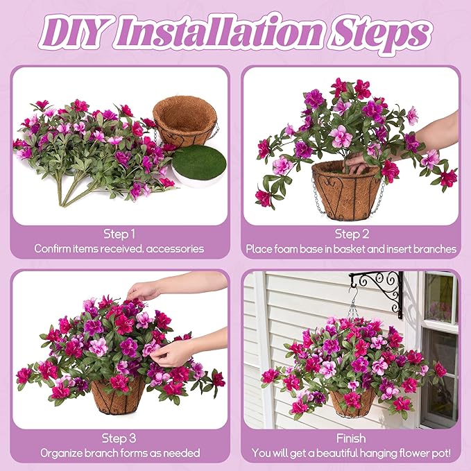 Ammyoo Artificial Hanging Flowers for Outdoors Hanging Baskets, 3 Pcs Fake Silk Flower with Hanging Baskets Planter for Spring Summer Garden Porch Patio Yard Outside Decor