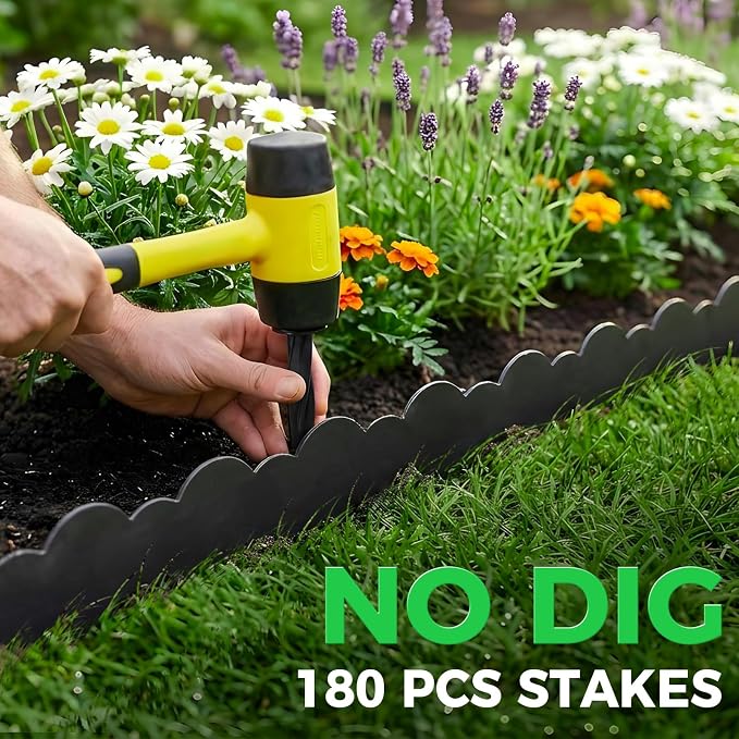 120 FT Landscape Edging Border with 180 Spikes, 2.8 Inch Tall Plastic Lawn Edging Border, No Dig Flexible Garden Edging Border for Flower Beds Landscaping Yard Pathway Paver Tree Fence Edging (Black)