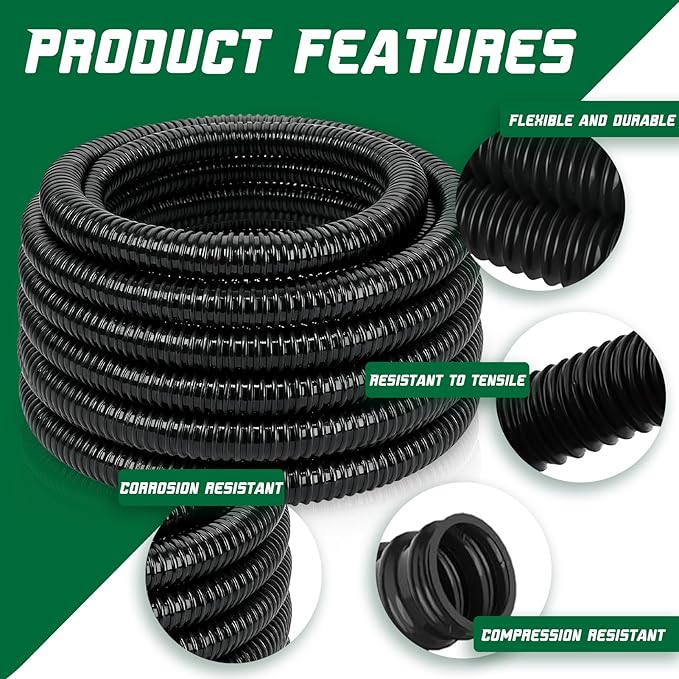 Pond Tubing 1-1/4” × 10 Feet Black Flexible PVC Pond Hose,Garden Pond PVC Tube - Reinforced, Kink-Resistant Tubing for Pumps, Fountains & Waterfalls, with 4 Clamps,1-1/4" Dia
