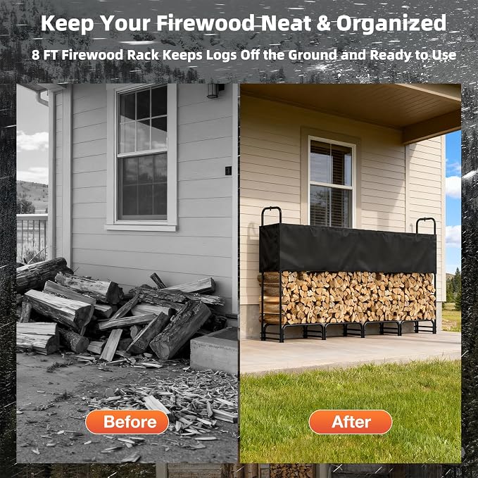 8FT Firewood Rack with Cover Outdoor, Heavy Duty Wood Storage Rack with 600D Oxford Waterproof Adjustable Cover for Fireplace, Patio, Deck, 1/2 Cord Log Holder with Firewood Carry Bag