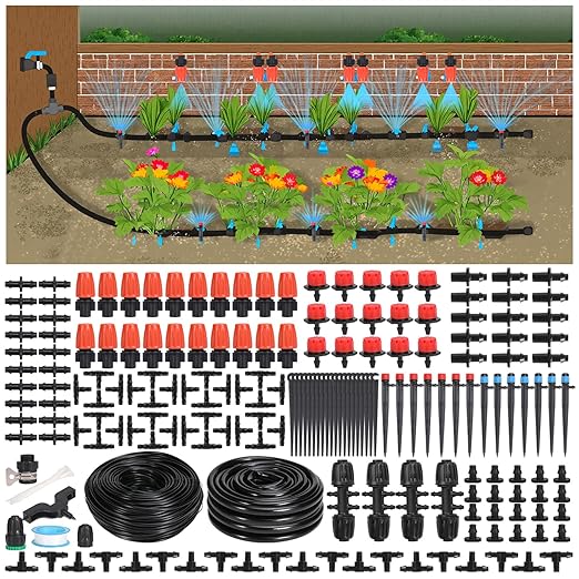 230FT Drip Irrigation Kit-221pcs Quick Connector Garden Watering System- Irrigation System Patio Misting Plant Watering System -1/4 inch 1/2 inch Irrigation Tubing Hose Adjustable Nozzle