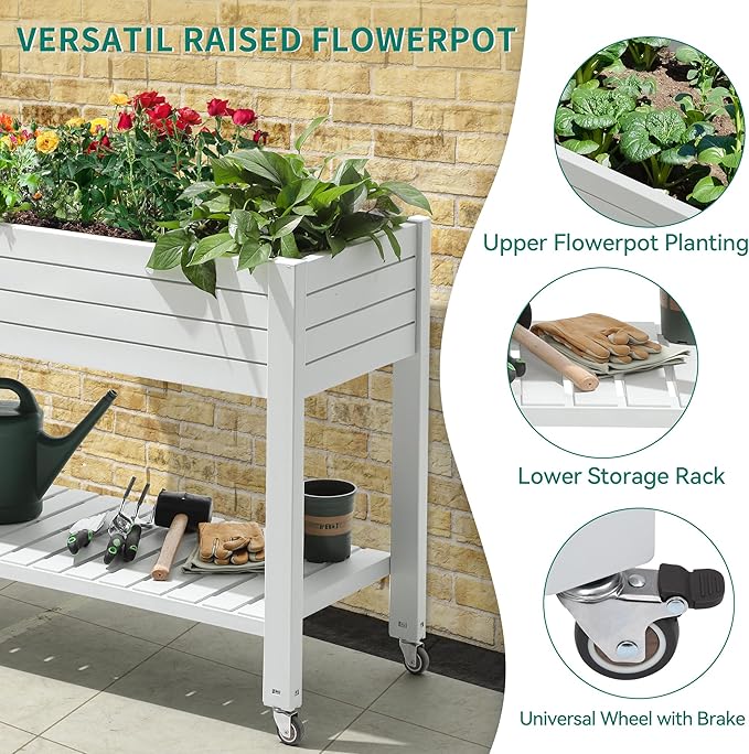 YITAHOME Raised Garden Bed Outdoor 43.3x17.7x34 in Raised Planter Box with Legs, Drain Plug and Storage Shelf, Elevated Planter Box for Plants Vegetables Flowers Herbs, White