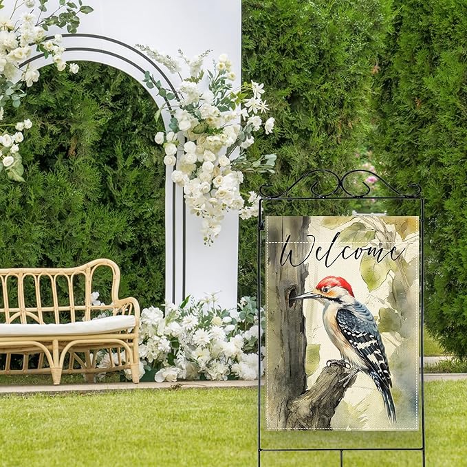 Artofy Welcome Woodpecker Large Decorative House Flag, Spring Summer Watercolor Bird Tree Yard Garden Outside Decor, Seasonal Burlap Outdoor Home Decoration Double Sided 28 x 40