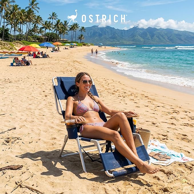 Ostrich the Woody Backpack 3N1 Portable Chair with Cooler Bag and Reclining Lounger for Tanning, Camping, Beach, and Outdoor Essential, Navy Blue