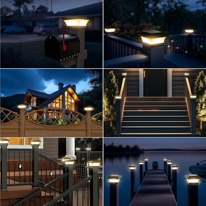 T-SUN 4X4 Solar Post Cap Lights, 2 Pack Warm White LED Fence Post Solar Lights, Outdoor Waterproof Post Lights for Wood & Vinyl Fence Posts, Deck, Patio Railing, Porch, Black