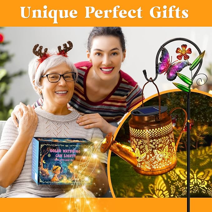 Solar Butterfly Watering Can Lights, Gifts for Mom Grandma Women Wife Daughter Mother's Day, Waterproof Hanging Lantern Lights with Shepherd Hook, Outdoor Decor for Garden Patio Yard Porch Backyard