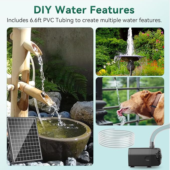 Antfraer 25W Solar Pond Pump, 320GPH Adjustable Flow Solar Fountain Pump with 7 Spray Modes, 16.5FT Cord & 6.6FT PVC Tubing for Fish Ponds, Garden Waterfalls, Hydroponics & DIY Water Features