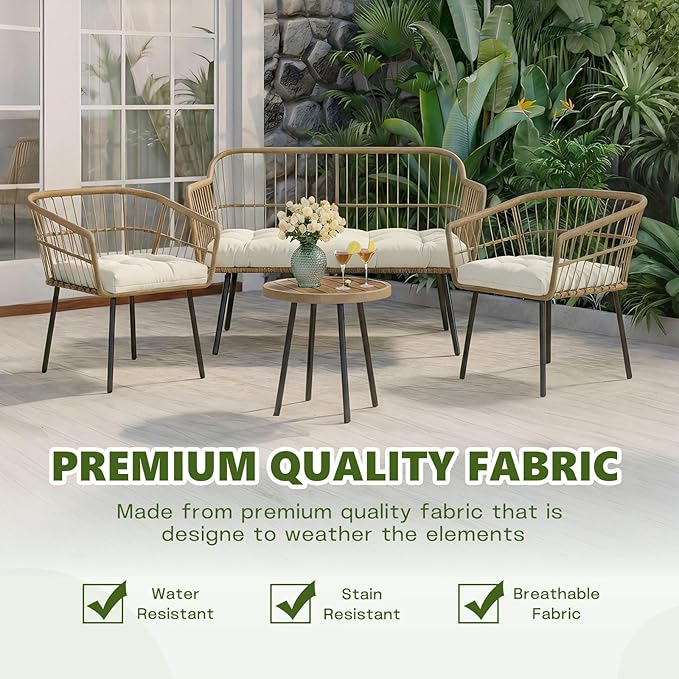 Wicker Chair Cushions Set, 2 U-Shaped Cushions & 1 Loveseat, Waterproof Outdoor Loveseat Cushion for Patio Furniture, Settee Bench Pad All Weather,Beige