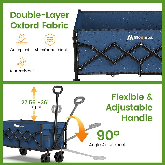 35'' Extra Long Collapsible Wagon with Wheels, 220 LBS Folding Wagon with 360° Swivel Wheels Adjustable Handle, Lightweight Portable Utility Cart for Grocery, Shopping, Garden, Sports, Camping, Blue