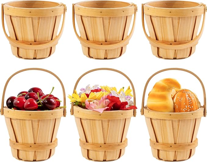 6 Pcs Mini Wooden Apple Baskets 3 x 5.1 Inch Empty Fall Harvest Basket Farmers Market Berry Baskets with Handle for Fruit and Vegetable Picking Wooden Bucket Basket, Wedding Party Decor (6)