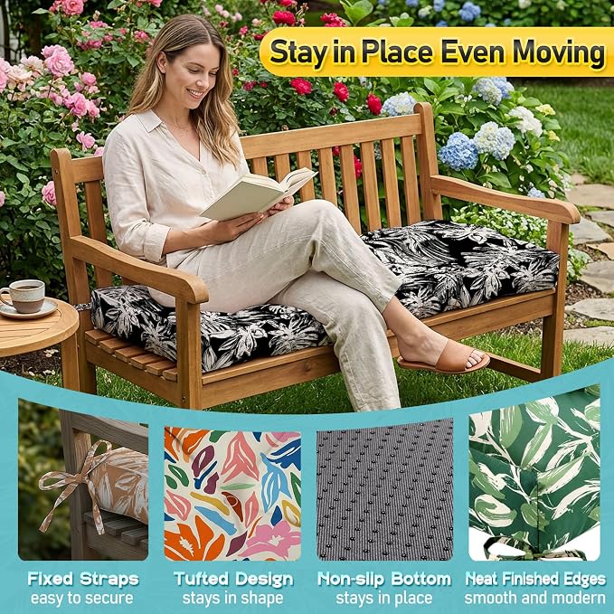 Outdoor Bench Cushion, Tufted Patio Seat Pad for Garden Bench, Porch Swing, Indoor/Outoor Furniture (Black White Leaf, 48X18X4 inch)