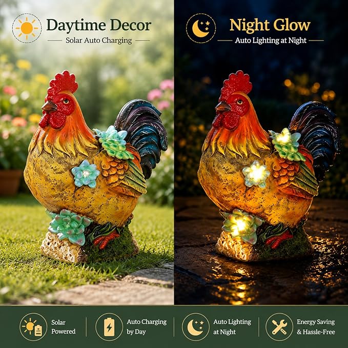 Solar Garden Statues Colorful Rooster and LED Lights Birthday Gifts for Women Mom Grandma Solar Outdoor Cat Decor for Outside,Outdoor Solar Lights for Yard, Garden and Patio, Unique Gift for Women