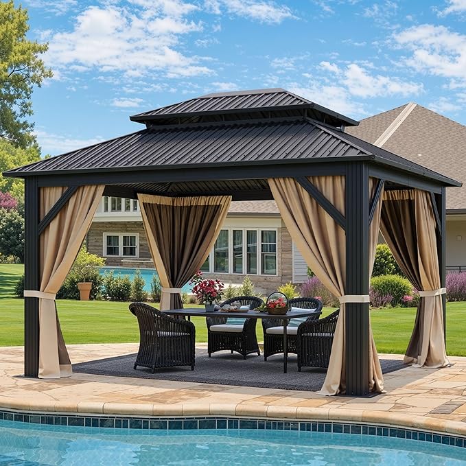 YITAHOME 12x14ft Gazebo Double Roof Hardtop Canopy Outdoor Heavy Duty w/Nettings and Curtains, Upgraded Aluminum Column Galvanized Steel Vertical Stripes Roof for Patio, Backyard, Deck, Lawns, Brown