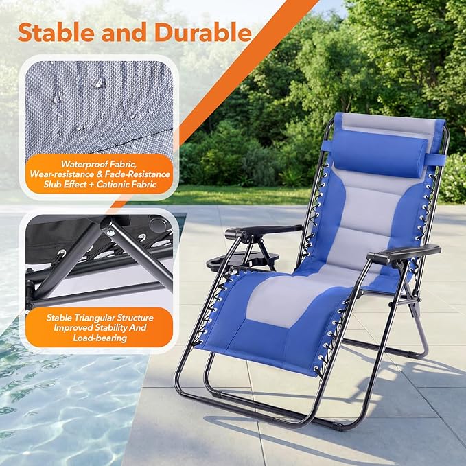 Sweetcrispy Zero Gravity Chairs, Foldable Patio Reclining Chairs with Adjustable Pillow & Cup Holder, Oversized Portable Support 400 lbs, for Backyard Camping(Blue-Gray)