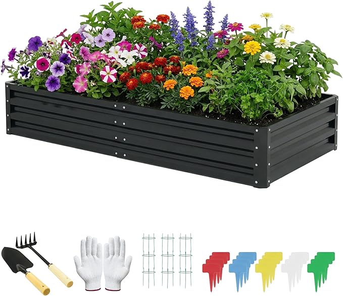 ONCEMORE Raised Garden Bed, Galvanized Steel Raised Garden Bed for Gardening Vegetables Fruit, 20pcs T-Types Tags & 1 Pair of Gloves,8x4x1FT,Black