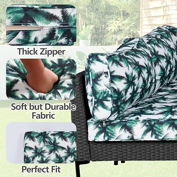 14Pcs Outdoor Cushion Covers Replacement Washable Waterproof UV w/Zipper for 6-Seaters Sofa Patio Slipcovers Set Seat and Back Covers Only (Palm Leaf, 25.6x25.6inch)