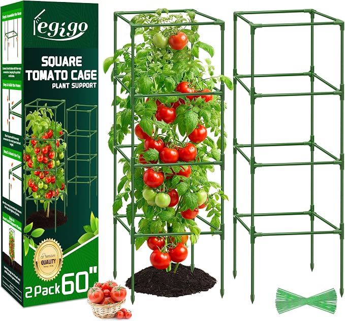 Legigo 2 Pack Square Tomato Cages- 60 Inch Heavy Duty Tomato Trellis for Climbing Plants Outdoor, Tomato Plant Support Stakes Cage Garden Trellis for Garden Raised Garden Bed Cucumbers Vegetables