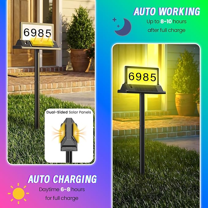 Solar Address Sign for House Numbers – Dual-Sided LED & Dual-Sided Solar Panels, 8 Color Modes, IP65 Waterproof Address Plaque, Strong Magnetic/Stake/Wall Mount, Dusk-to-Dawn for Mailbox Yard Driveway