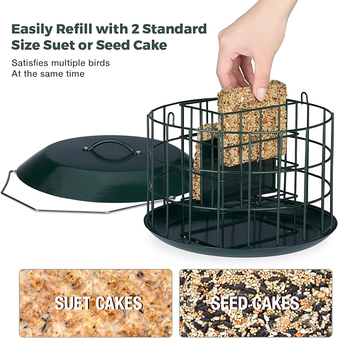 Kingsyard Squirrel Proof Suet Feeder, Cage Bird Feeders for Outdoors Hanging, All Metal, Double Suet Cake Capacity, Tray & Weatherproof, Green