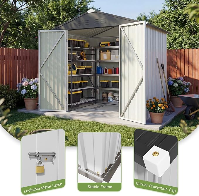 Patiowell 6x4 FT Outdoor Storage Shed with Floor Frame, Metal Garden Patio Sheds with Sloping Roof and Lockable Door, Waterproof Steel Tool Shed for Backyard Garden Lawn, White