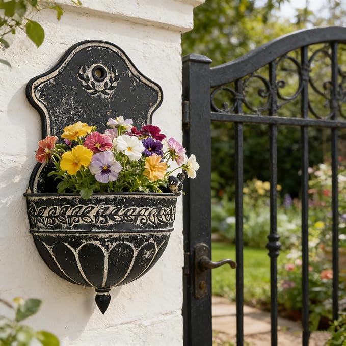 Vintage Rustic Wall Planter Distressed Decor Iron Hanging Plant Basket Shabby Metal Wall Mounted Flower Holder Pot Stand for Indoor Outdoor Home Balcony Patio Farmhouse Garden Decorative Bird Black