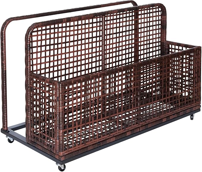 Poolside Float Storage with Wheels, Rolling PE Rattan Pool Caddy with Compartment and Basket, Wicker Outdoor Storage Organizer for Floats, Towels, Toys, Patio Accessories, Brown