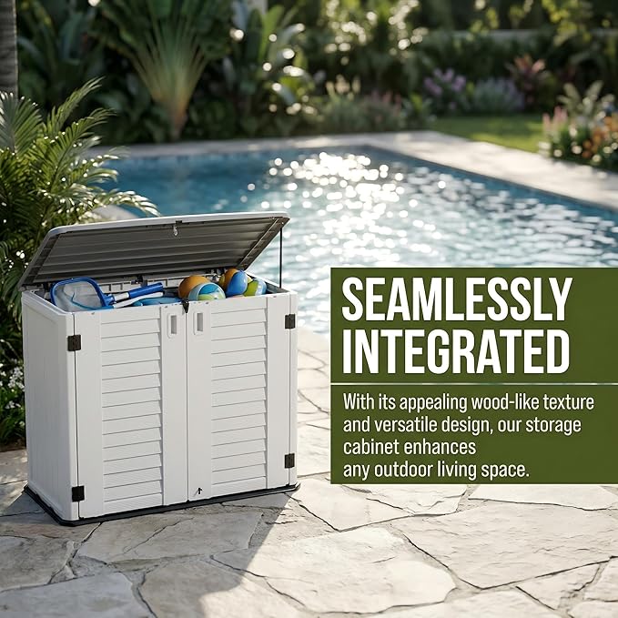 Horizontal Resin Outdoor Storage Shed, 34 Cu. Ft Weatherproof Storage Cabinet, Easy Assembly, Outdoor Storage Box for Backyards, Garden, Pool, No Shelf Included (White)