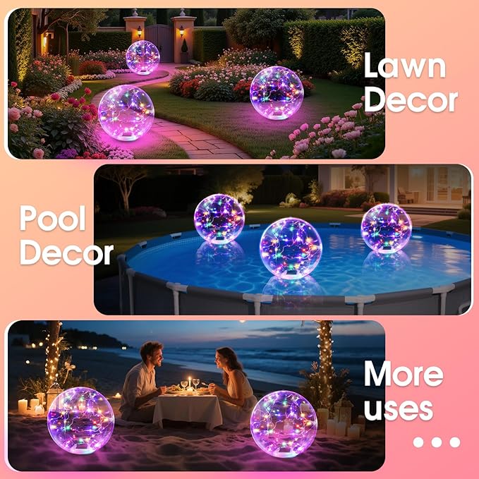 Askyli Floating Pool Lights, Colorful LED Solar Pool Lights that Float, IP68 Waterproof Light up Pool Balls, 15" Inflatable Floating Light for Pools Party Wedding Decor (2Piece)