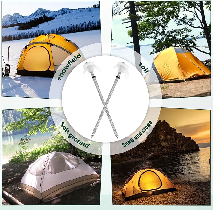 20 Pack 8" Heavy Duty Metal Tent Stakes, Screw in Tent Stakes, Ground Anchors for Camping, Canopy, Inflatable, Yard, Glow in The Dark Ground Anchors, Hexagonal Head Drive and Storage Box (White)