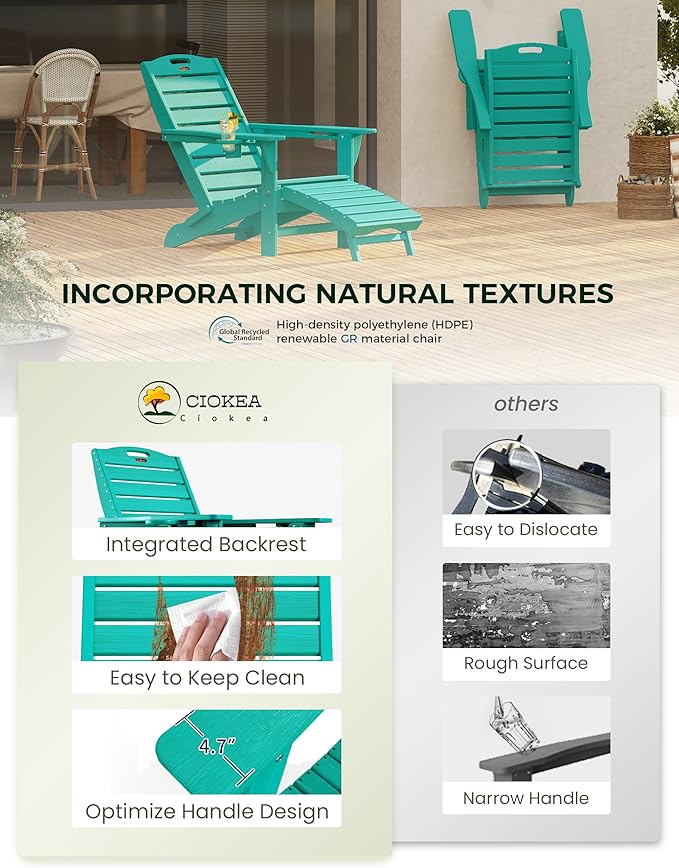 Ciokea Folding Adirondack Chair Set of 2 with Retractable Ottoman Fire Pit Patio Chair with Pull Out Foot Rest Weather Resistant Lawn Outdoor Chair with 2 Cup Holder (Lake Blue)