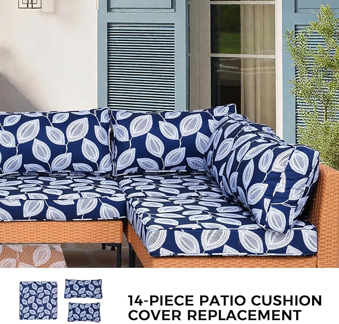 14 Piece Outdoor Patio Cushion Covers Replacement Waterproof with Zipper for 6-Seater Sectional Couch Chair Sofa Seat Cushions Slipcovers Set, Only Cover
