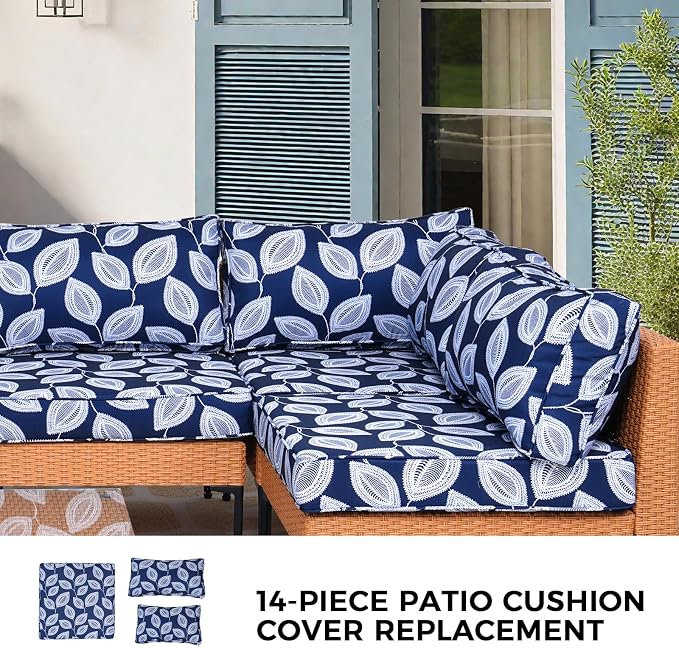 14 Piece Outdoor Patio Cushion Covers Replacement Waterproof with Zipper for 6-Seater Sectional Couch Chair Patio Furniture Conversation Sofa Seat Cushions Slipcovers Set, Only Cover