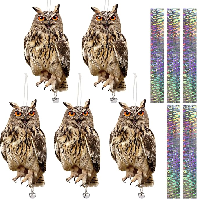 Hanging Plastic Owls for Gardens, 5PCS Reflective Hanging Owl Decoration Woodpecker Control Device with Reflective Tape, Jinging Bell for Garden Patio Windows