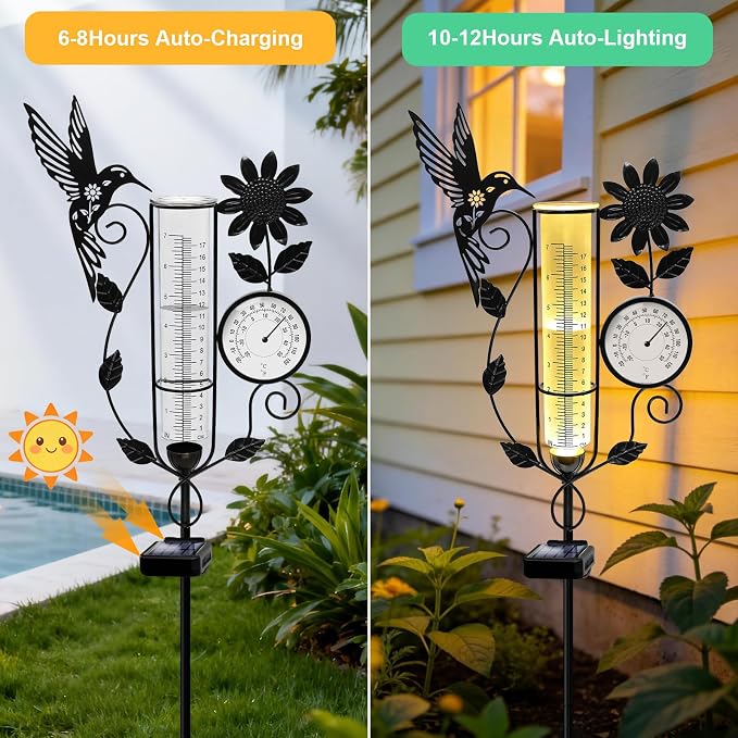 YJFWAL Hummingbird Rain Gauge Outdoor, Decorative Metal Sunflower Solar Rain Gauge with LED Light and Thermometer, Garden Decor for Yard, Lawn, Pathway, Farm