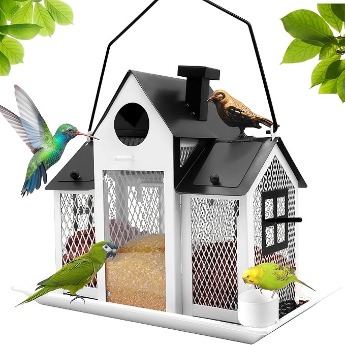Solar Bird Feeders House for Outside Hanging, Metal Wild Bird Feeder for Outdoors Large Capacity Cardinal Birdfeeder Birdhouses Metal Bird Feeding Station White