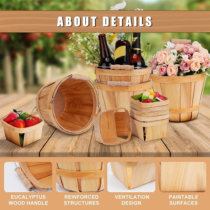 Leinuosen 9 Pcs Wooden Gift Basket Set, 3 Pcs 8 x 6. 3'' Bushel Bucket Portable Fruit Bucket and 6 Harvest Basket for Display Fruit Vegetable Garden Storage Container Farm Picnic Party Supplies